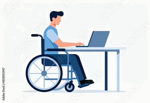 Person in wheelchair typing on laptop at a desk