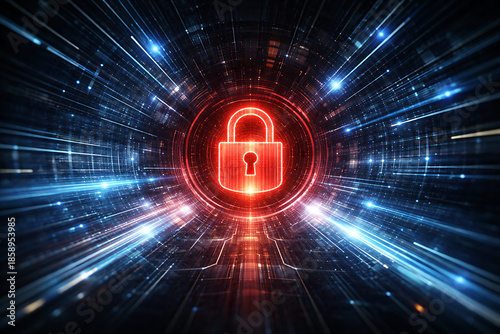 Digital Lock Icon with Light Effects in Cybersecurity Concept