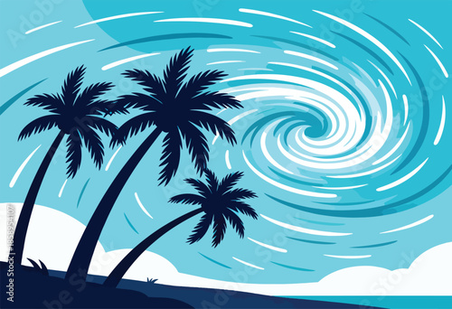 Silhouette palm trees against a swirling turquoise sky & ocean vortex