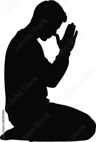 Black silhouette of a man kneeling in prayer with hands pressed together, spiritual character for faith, religion, hope, and meditation (20 words)