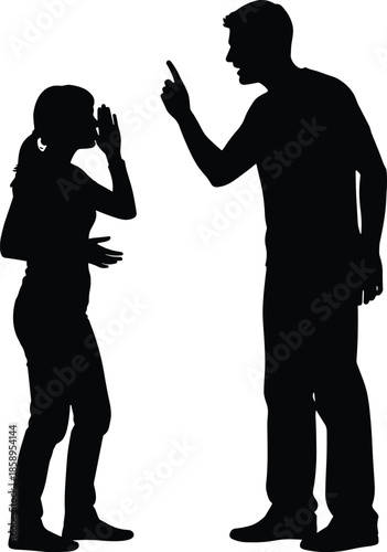 Black silhouette of a man shouting and pointing finger at a woman covering her ears, concept of relationship conflict argument (20 words)