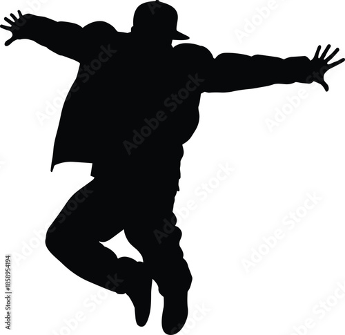 Black silhouette of an energetic hip hop dancer jumping with arms wide open, urban street dance character for youth culture (20 words)