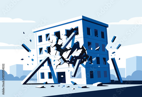 White building collapsing, structural damage, debris flying, blue tones