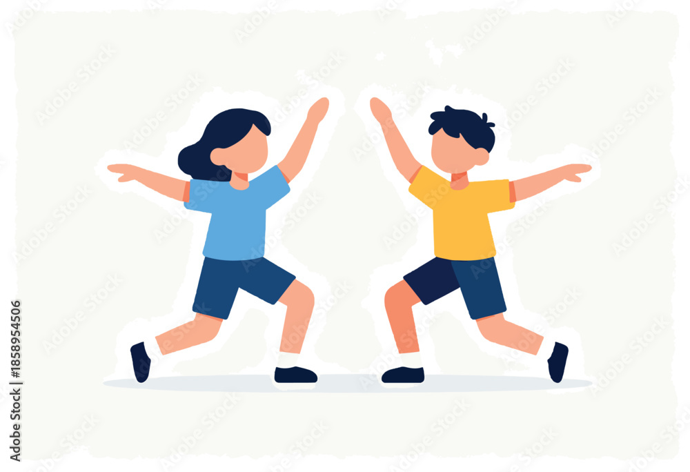 Fototapeta premium Two children in casual clothes performing a synchronized exercise together