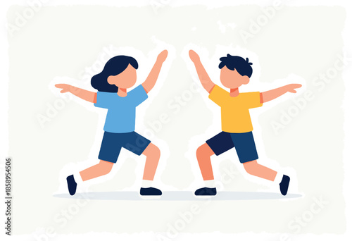 Two children in casual clothes performing a synchronized exercise together