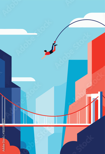 A person bungee jumps over a bridge in a stylized city with clouds