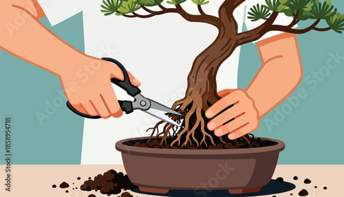 Hands meticulously prune the roots of a small tree in a pot