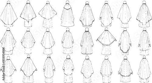 Black and White Line Art Vector Set of Islamic Modest Fashion. Outline Drawings of Various Hijab, Burqa, Niqab, Jilbab, and Abaya Styles for Cultural and Clothing Design Projects