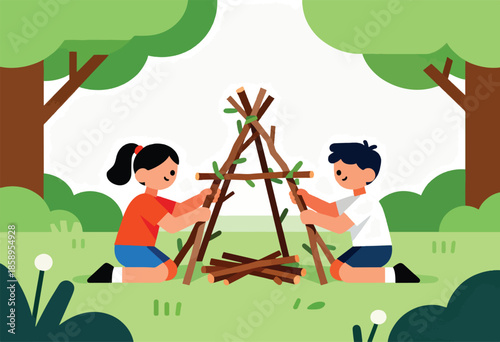 Two kids constructing a teepee shelter with sticks amidst trees