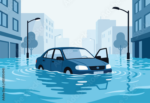 Blue sedan stranded on a flooded city street, door ajar, amidst buildings and streetlights