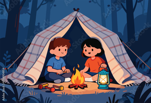 Two children enjoy a cozy campfire night in a forest tent
