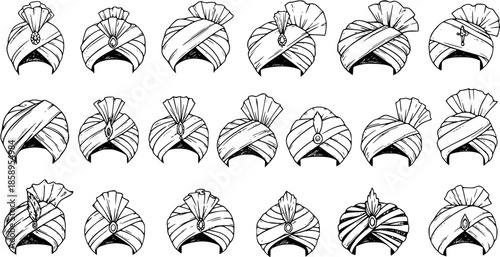 Collection of Black and White Line Art Illustrations of Traditional Indian Turbans for Cultural and Fashion Niches