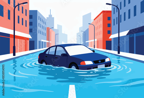 A deep blue sedan drives through a flooded city street
