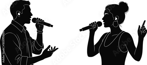 Black silhouette set of man and woman singing into microphones, performers with headphones and expressive gestures, isolated on white background.