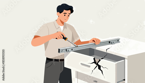 Man repairs a cracked drawer with a screwdriver