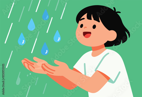 Child happily holds out hands to catch falling raindrops