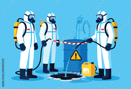 Hazmat team responding to hazardous spill from barrel