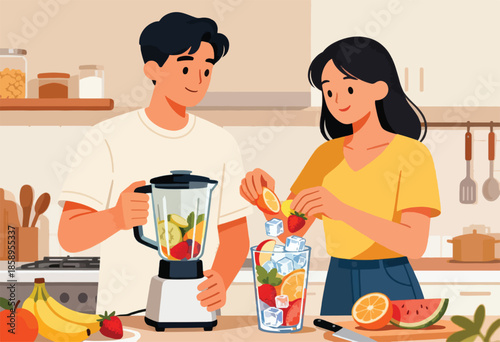 Couple preparing healthy fruit smoothie and drink in kitchen