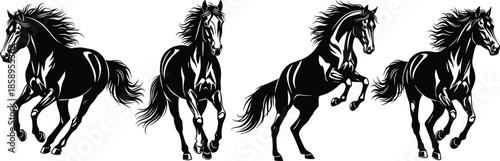 Black silhouette set of powerful stallions running and galloping, wild horse collection for equestrian sports, farm animals, and nature design (20 words)