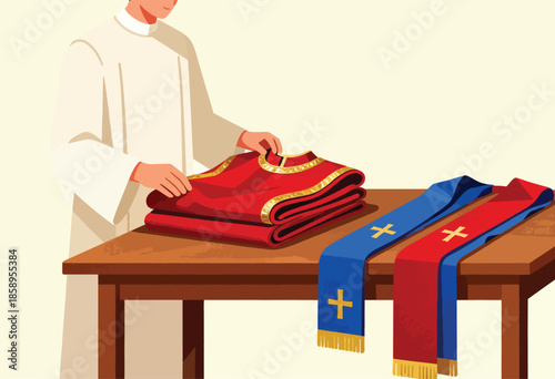 Clergy member folding red vestment with gold trim; stoles on table