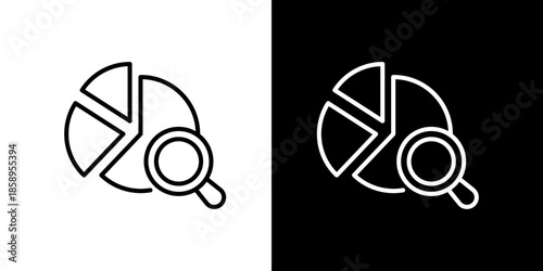 Vector icon of a pie chart and magnifying glass, illustrating data analysis, market research, business intelligence, and financial insights