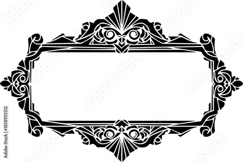 Art Deco style black and white ornamental border label with intricate symmetrical patterns