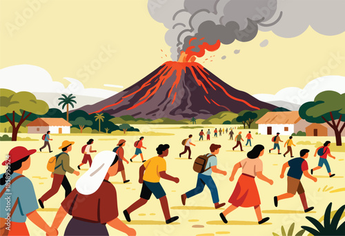 People fleeing a village as a volcano erupts in the distance
