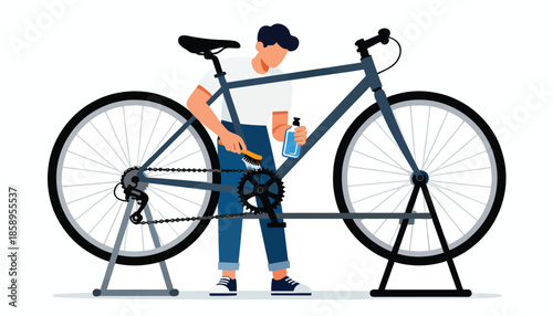 Person cleaning bicycle drivetrain with spray and brush on stand