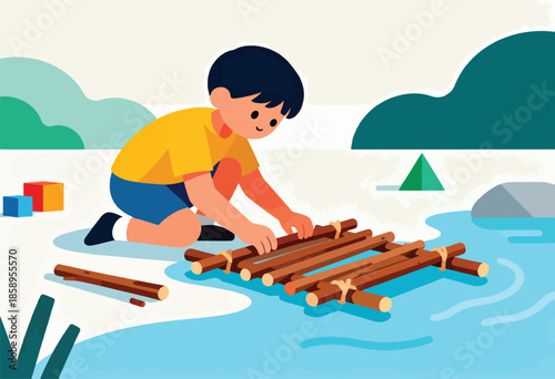 Boy building a raft from sticks on the water with toy blocks nearby