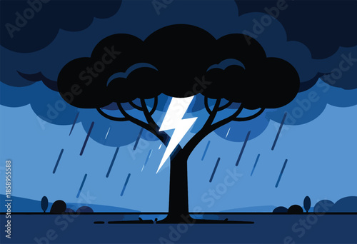 Silhouette of a tree struck by lightning amidst a heavy rainstorm