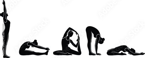 Black silhouette vector set of women performing yoga poses, stretching exercises, fitness and wellness concept isolated on white background.