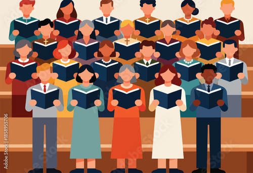 Diverse group of people singing from books arranged in rows