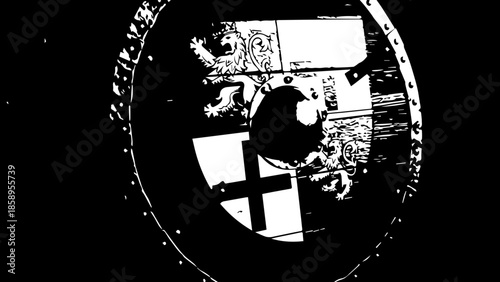 Medieval Round Wooden Shield with Heraldic Lion and Red Cross Design Mounted on Stone Wall