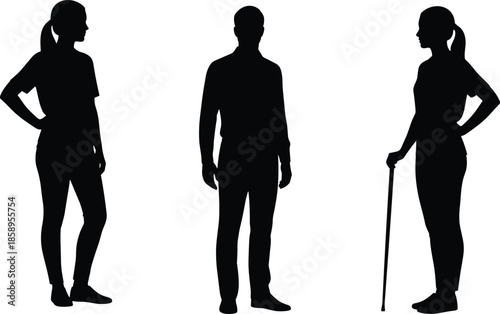 Black silhouettes of a woman with hand on hip, a standing man, and a woman holding a walking cane.