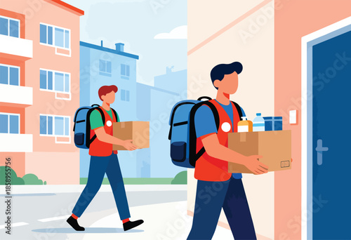 Delivery persons with backpacks and packages walk through a city street toward buildings