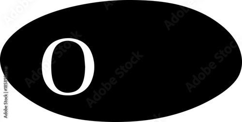 Faceted black low poly oval icon with white letter O on a white background