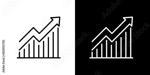 Single icon of visual representation of business growth and financial progress with upward trending bar chart and arrow