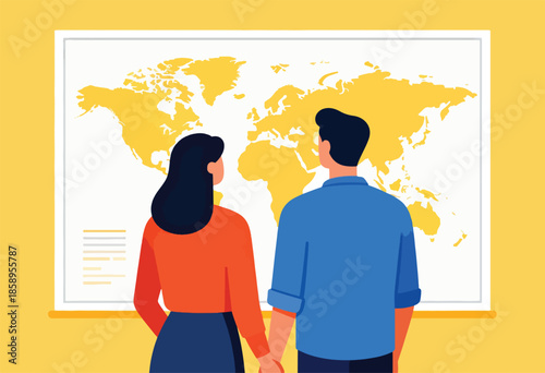 Couple looking at a yellow world map on a white board