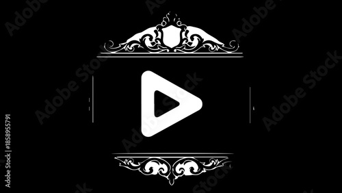 Elegant dark blue ornate frame with white play button icon symbol in the center