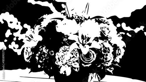 Beautiful bouquet of pink roses white lilies and purple hydrangeas in a terracotta pot