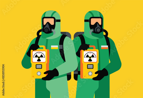 Two figures in green protective suits holding radiation detectors on yellow background