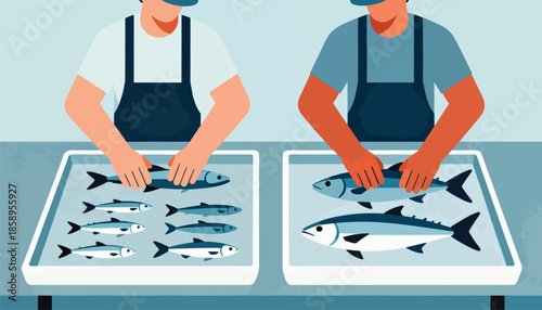 Two individuals in aprons sort fish into separate trays