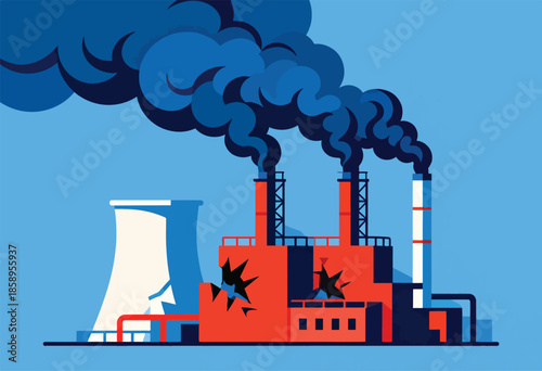 Industrial plant releasing dark smoke and damage