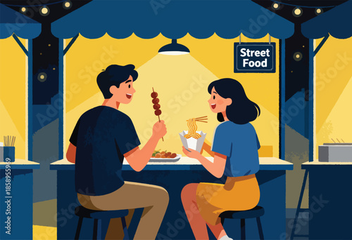 Couple enjoying noodles and skewers at a vibrant night street food stall