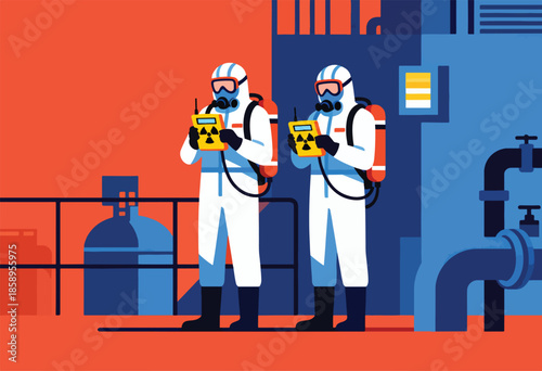 Two figures in protective gear hold devices displaying a radiation symbol