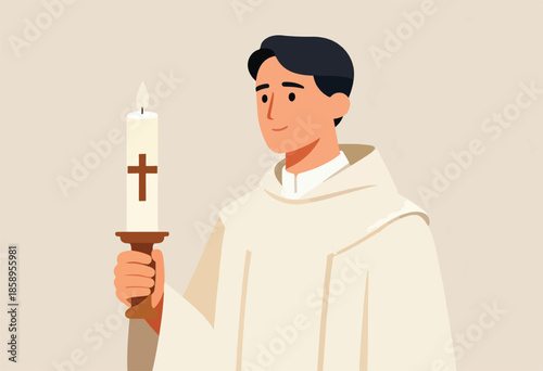 Clergyman holding a lit candle with a cross