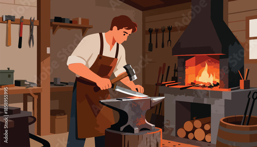 Blacksmith shaping metal on an anvil near a fiery forge