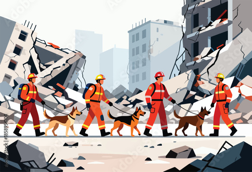 Rescue workers and dogs search through rubble of destroyed buildings