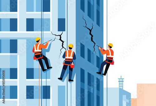 Workers rappel down a building face with large cracks, inspecting damage