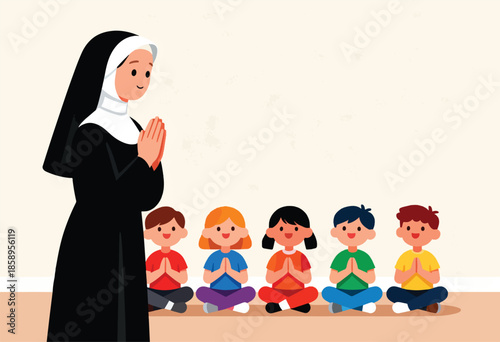 A nun leading children in prayer